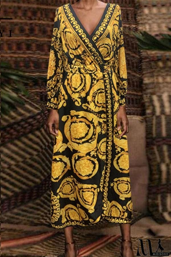 MidiSono - Vintage Printed V-Neck Slit Waist Dress