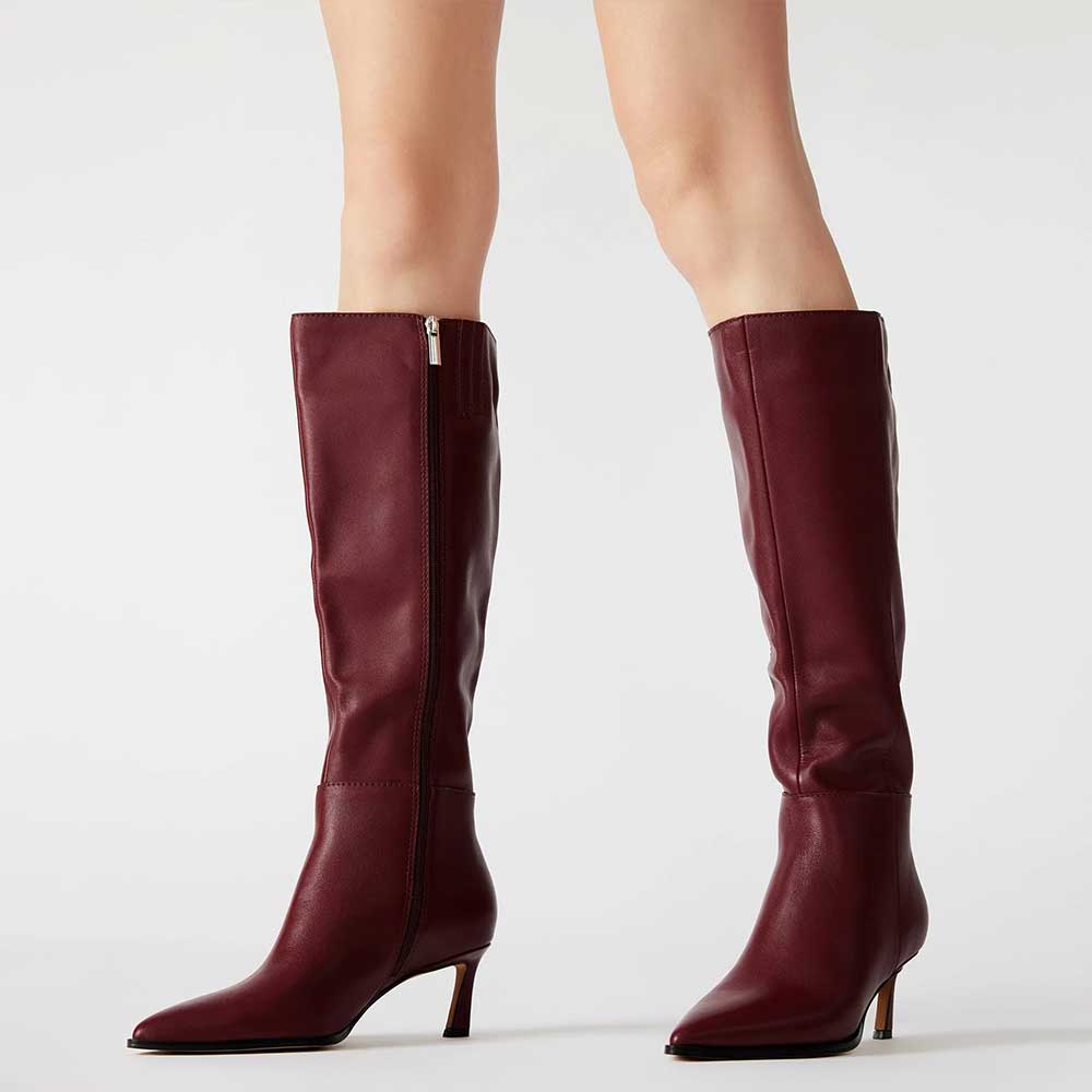 Maroon Vegan Leather Pointed Toe Kitten Heel Zipper Knee High Boots Nicepairs