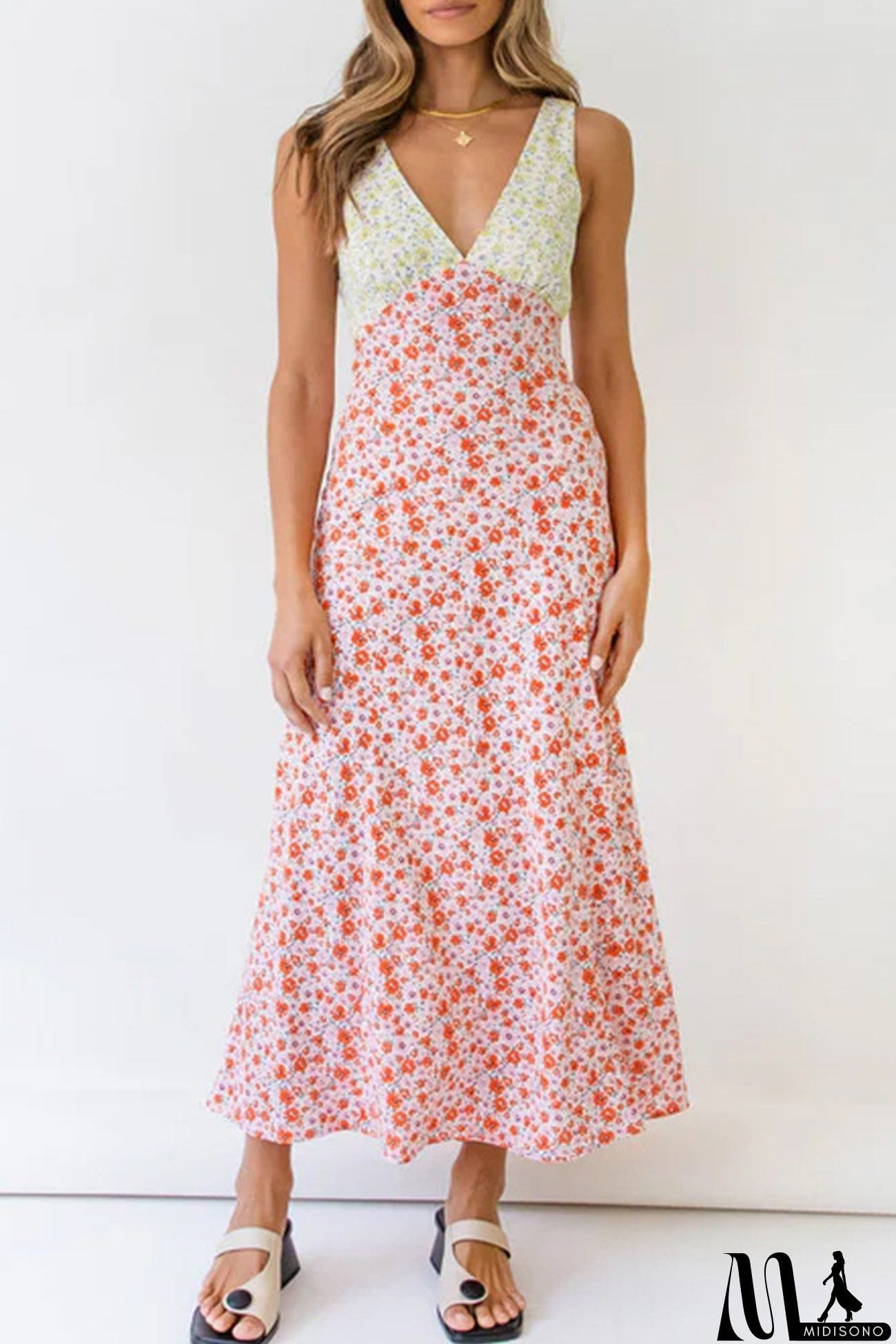MidiSono - Contrast V Neck Floral Print Tie-back Dress