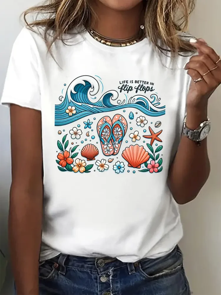 Beach Print Crew Neck T-shirt, Short Sleeve Casual Top For Summer & Spring, Women's Clothing