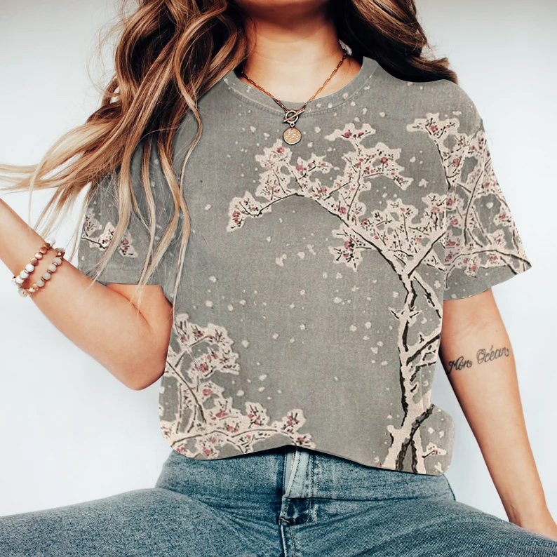 Comstylish Vintage Floral Blossom Japanese Art Round Neck Casual T-Shirt