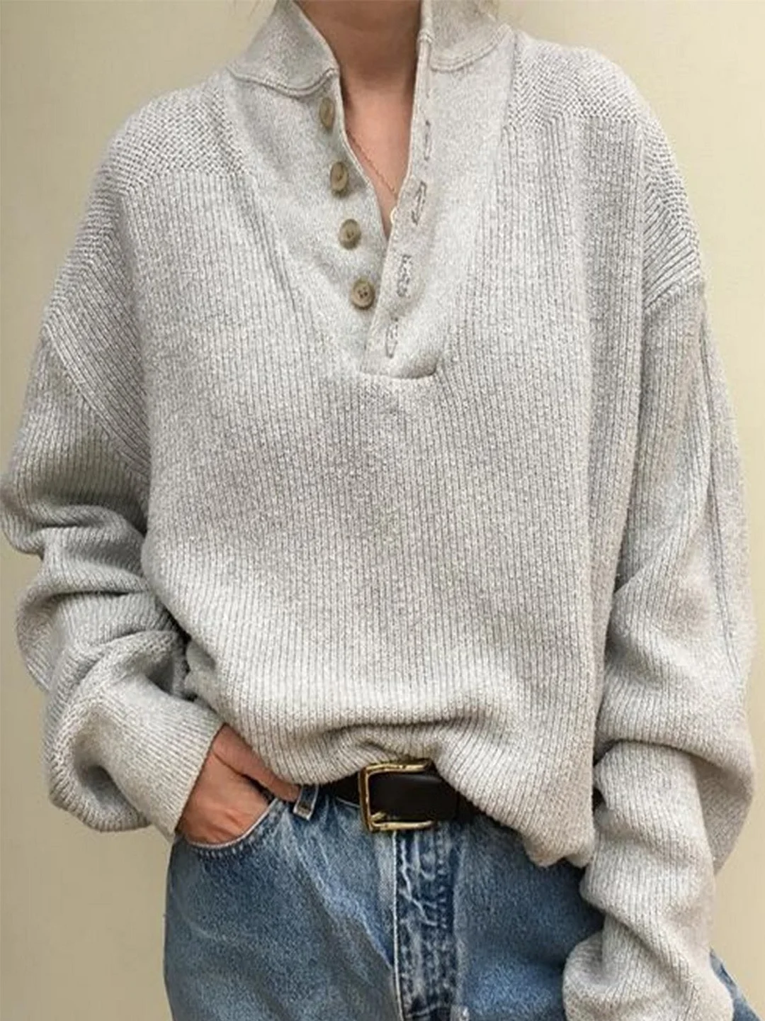 Plus Size Plain Buttoned Long Sleeve Casual Tops