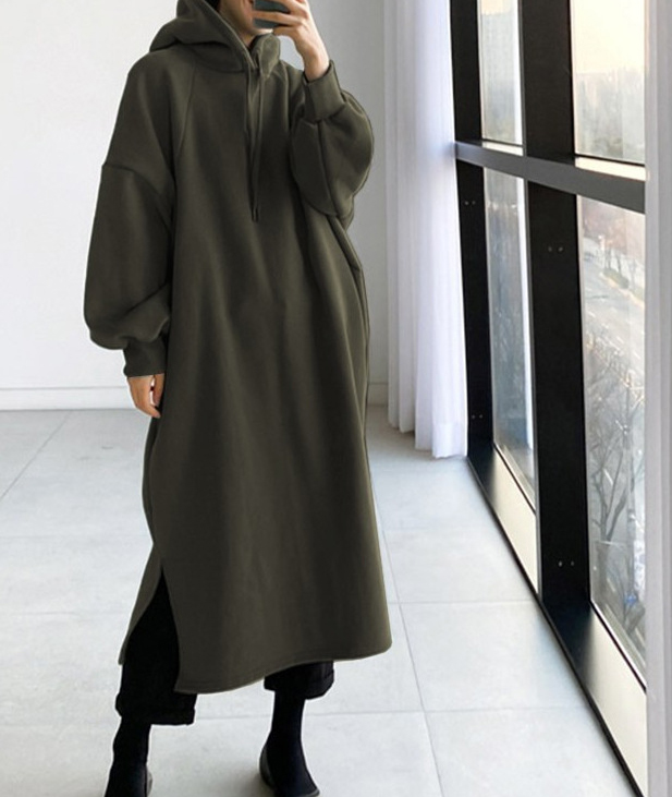 Solid Color Fleece Hooded Mid-Length Sweatshirt