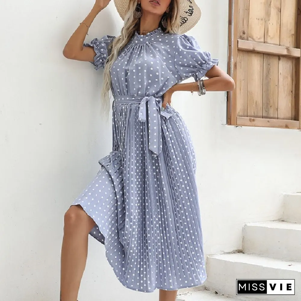 Casual Womens Summer Dress Pleated Short Sleeve New Chic Elegant Fashion Lace-up Polka Dot