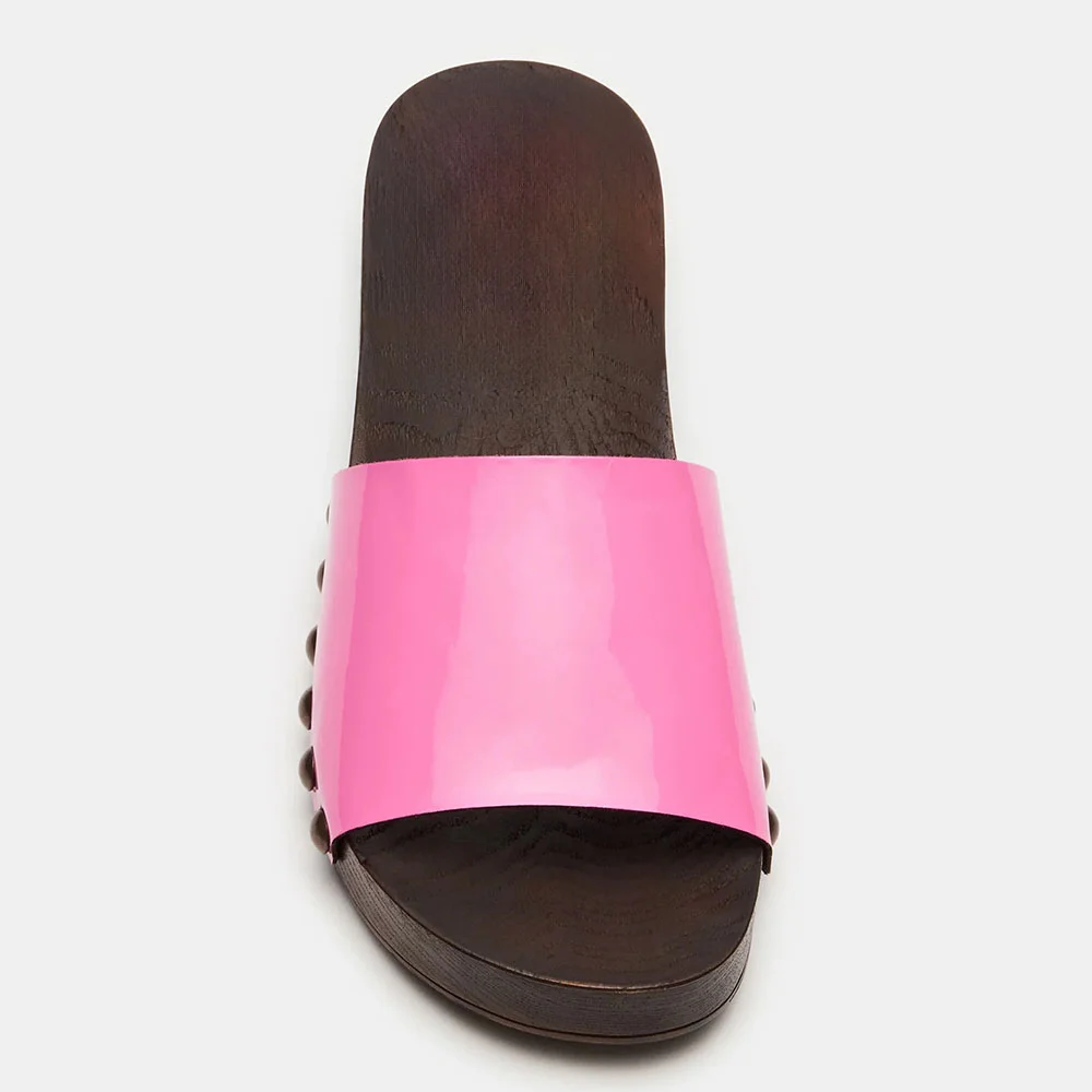 Patent Leather Round Toe Clog Studded Slide Shoes for Women in Pink