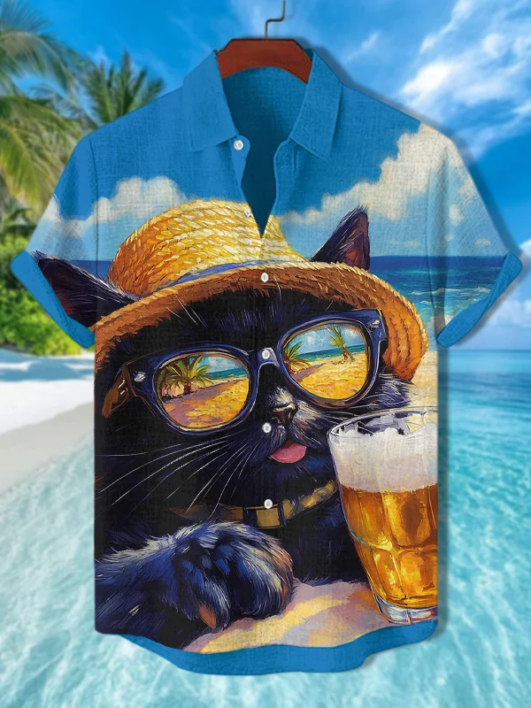 Men's Cat Vacation Drinking Beer Oil Painting Art Print Short Sleeve Shirt