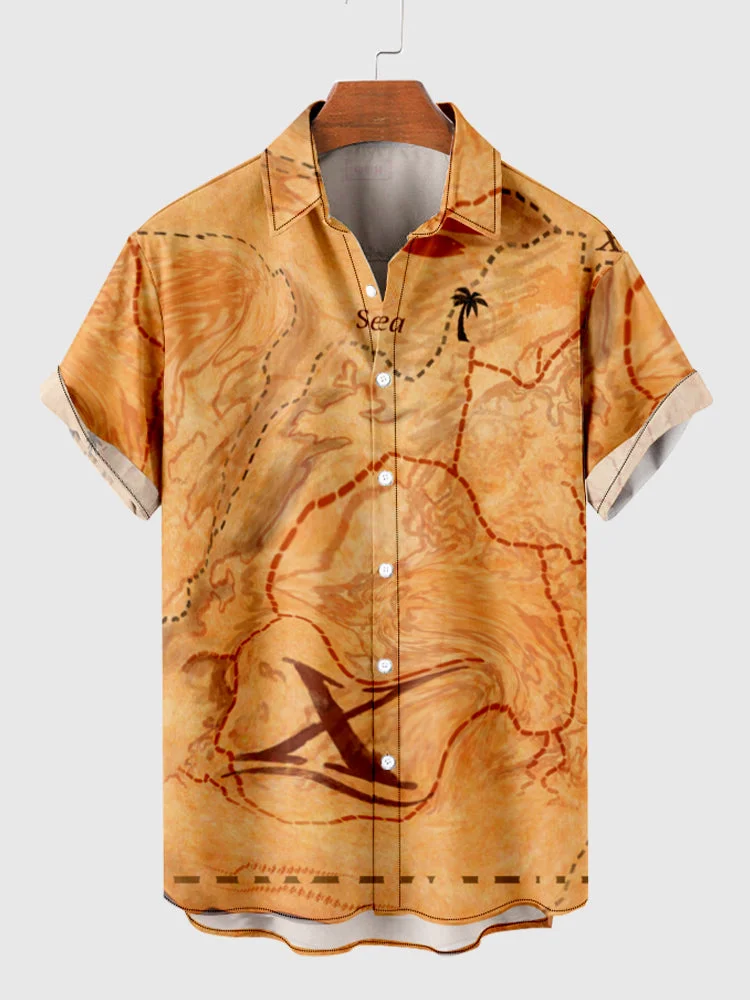 Vintage Orange Map & Compass Printing Men's Short Sleeve Shirt