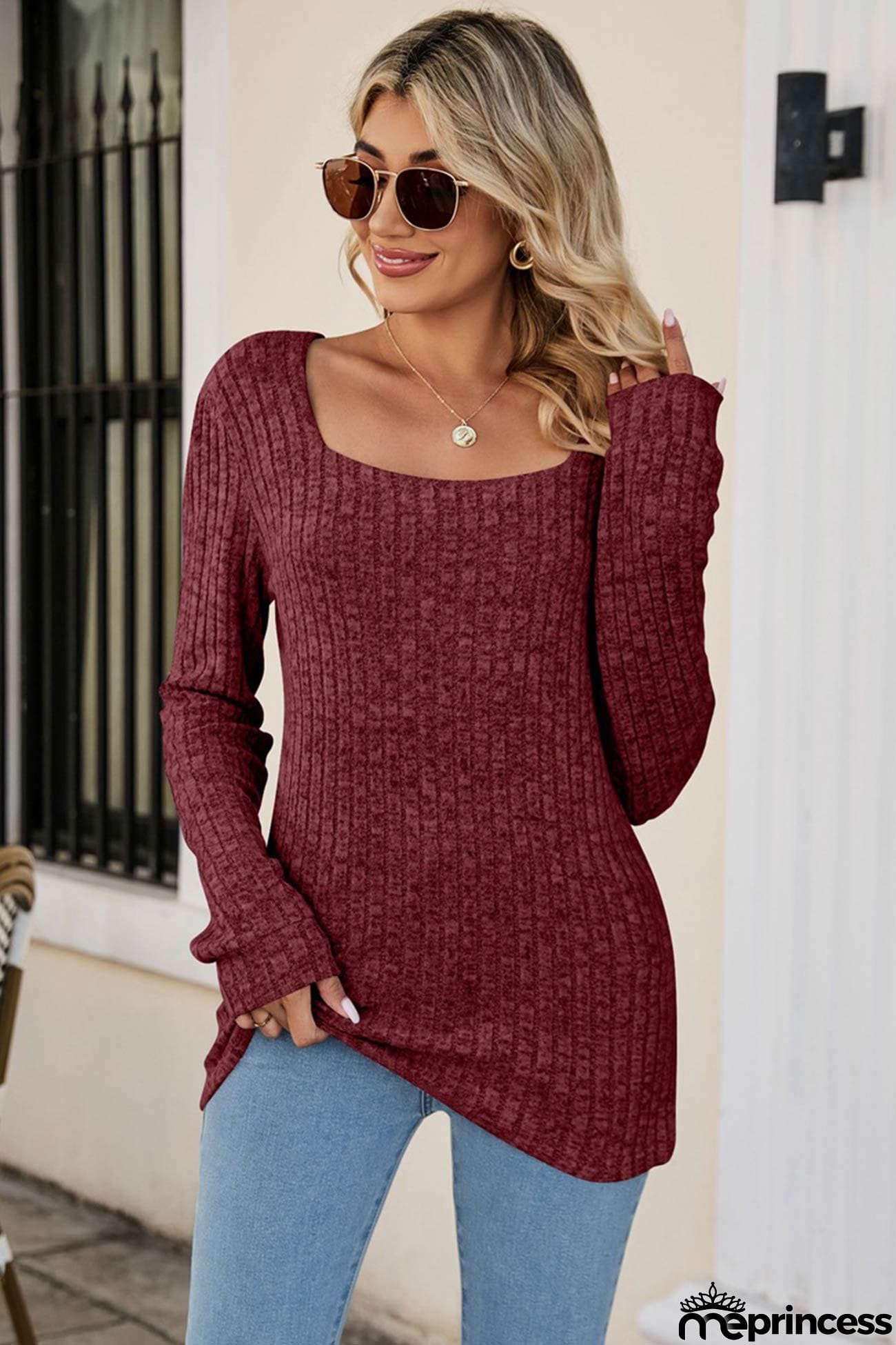 Casual Square Neck Ribbed Sweater