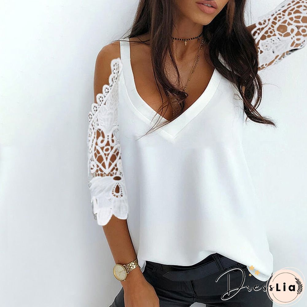 Lace Sleeve Patchwork Tops Women Summer Sexy V Neck Hollow Out Top Slim Fit Tees Black White Pink Ladies Solid Blouse D30