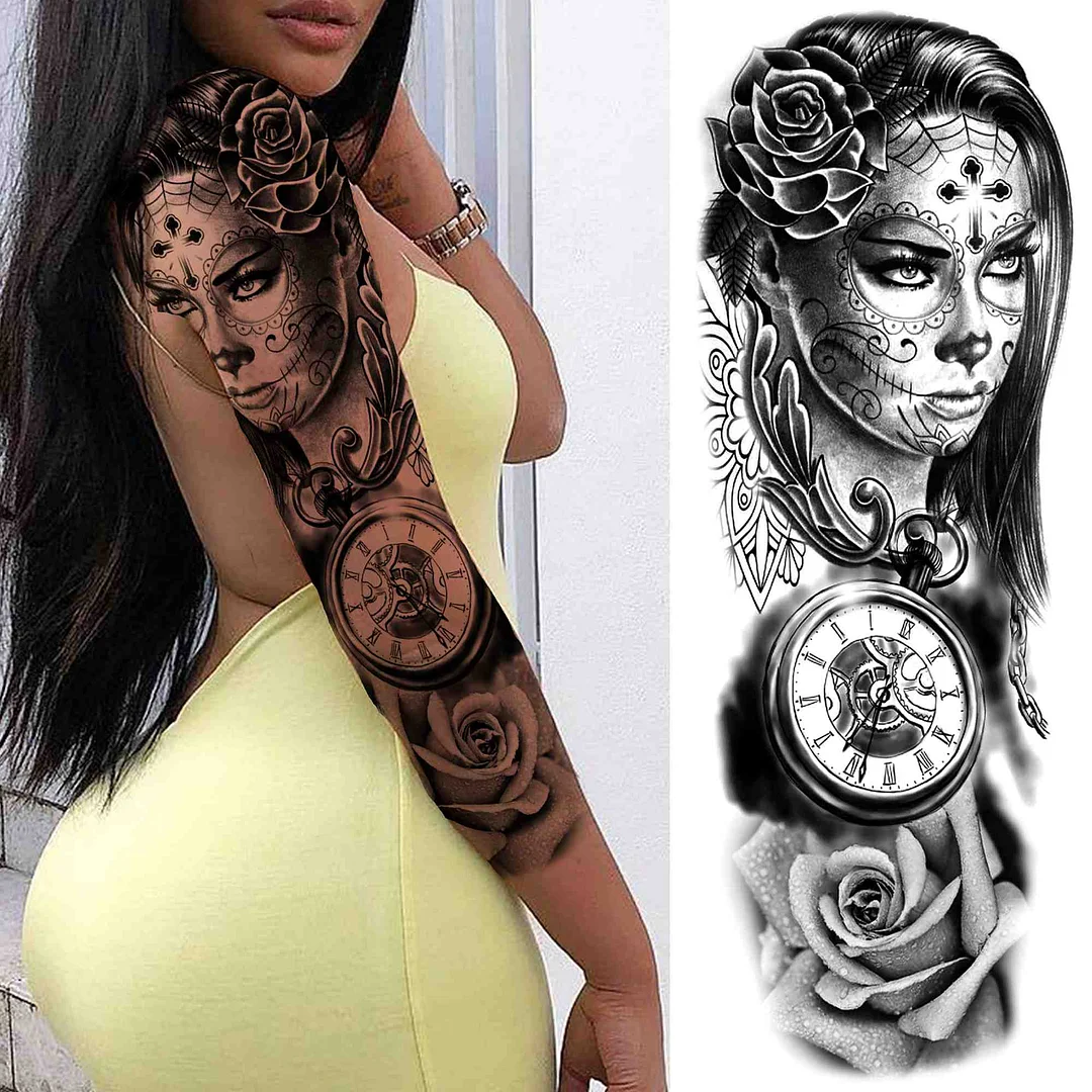 Sexy Girl Flower Temporary Tattoos For Women Men Black Lion Triangle Tattoo Sticker Fake Tribal Full Arm Sleeve Tatoos Paste 923