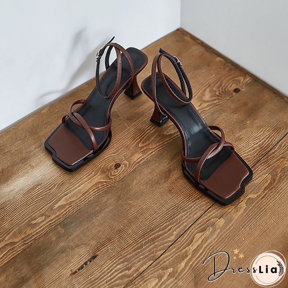 Summer Narrow Band Heel Sandals Women Thick Heel 7 CM Ankle Strap Fashion Square Toe Ladies Dress Sandalias Women's Shoes