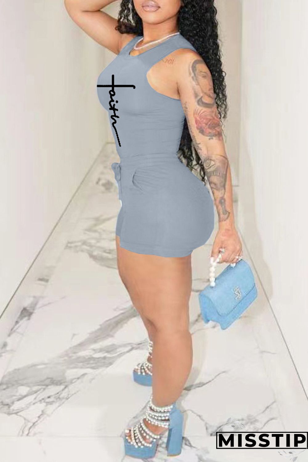 Blue Fashion Casual Sportswear Print Basic O Neck Sleeveless Two Pieces