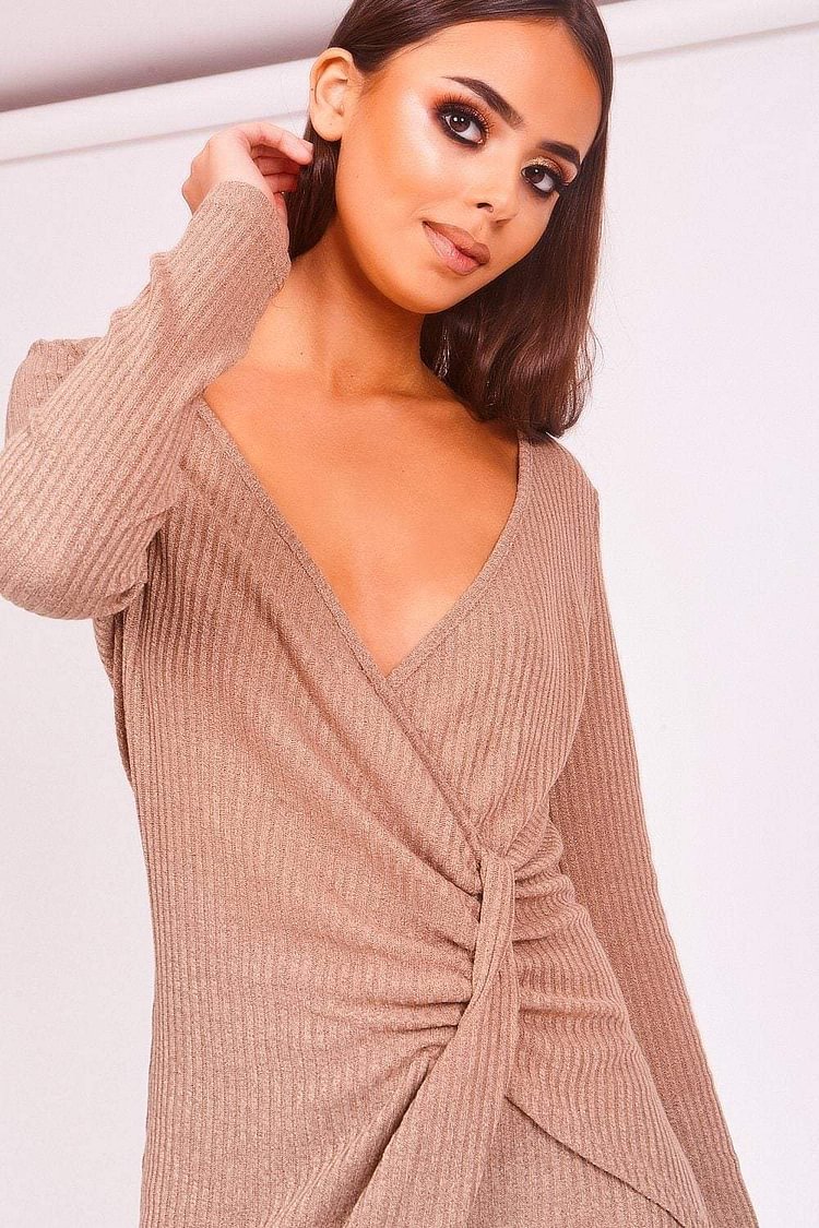 Beige Wrap Front Ribbed Dress Katch Me