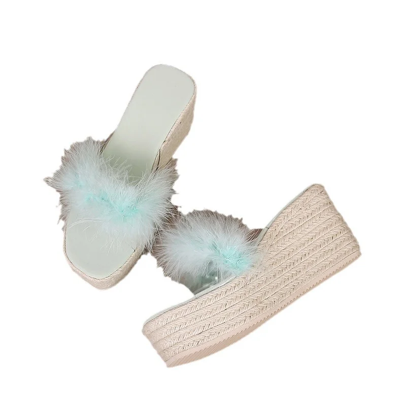 Wongn Wongn Slope With Thick Bottom High Heel A Word Drag Open-Toe Sandals Women's Wool Slippers Grass Hemp Rope Bottom