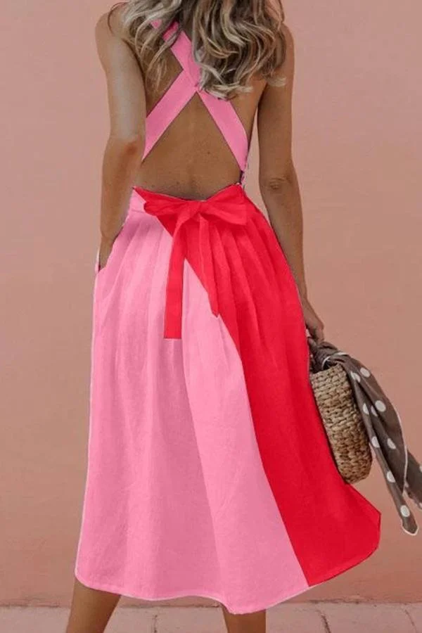 Womens Striking Color Contrast Pleated Dress-Allyzone-Allyzone