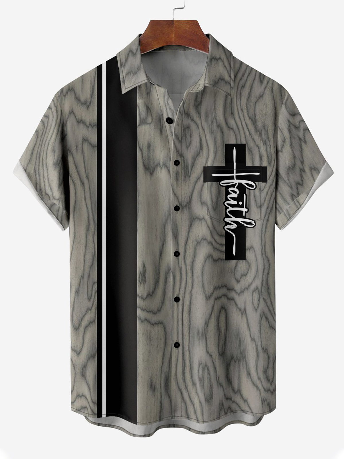 Easter Cross Stripe Print Short Sleeve Bowling Shirt PLUSCLOTHESMAN