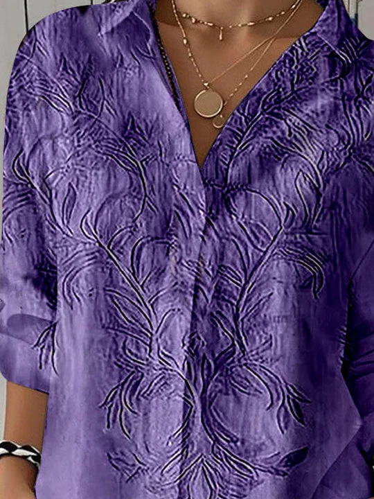 Women 3/4 Sleeve Shirt Collar Floral Printed Graphic Button Tops