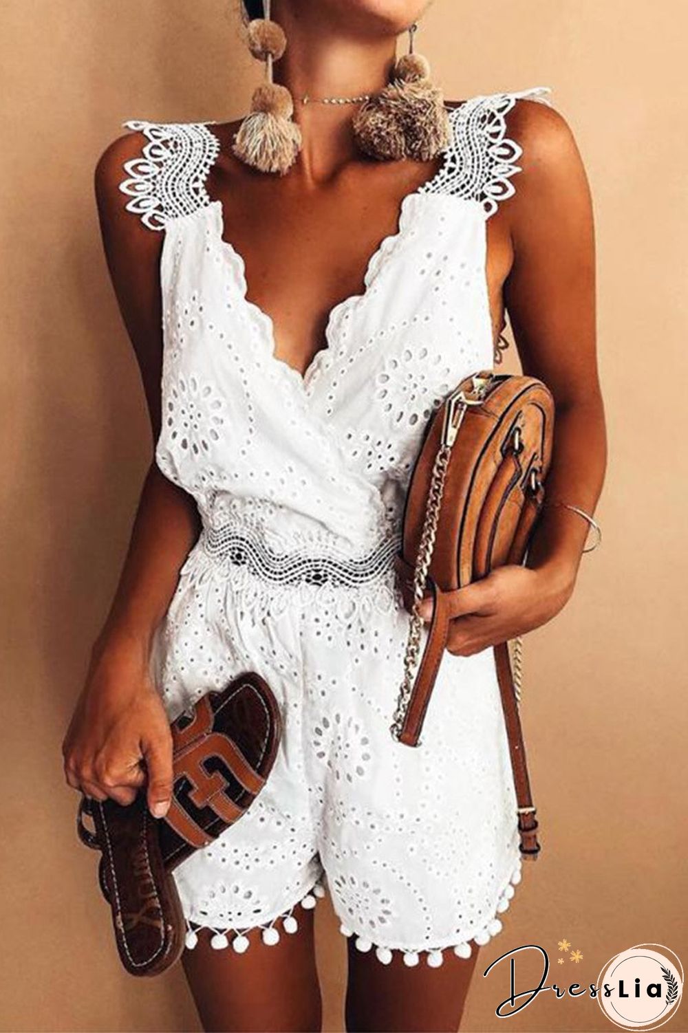 Lace Patchwork Open Back V-Neck Romper