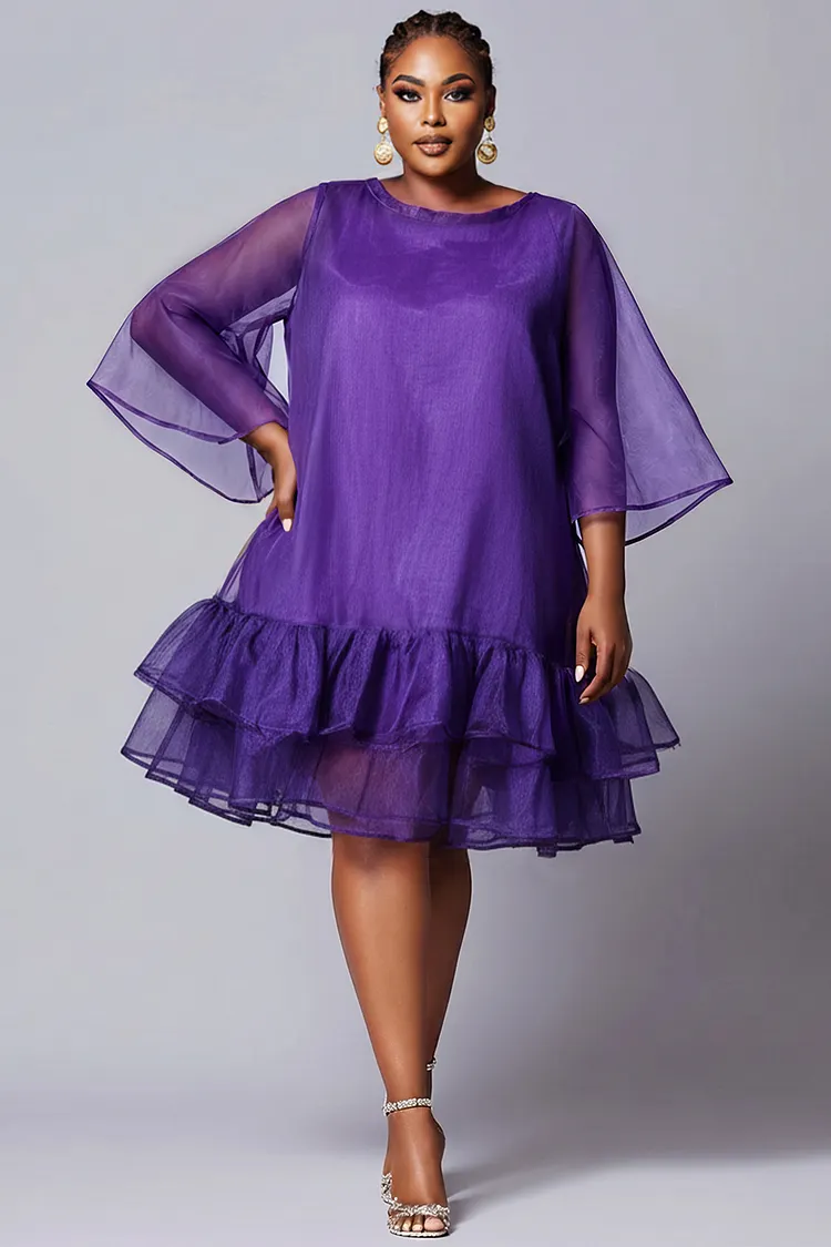 Xpluswear Design Plus Size Party Elegant Brown Round Neck Flare Short Sleeve Ruffle Organza Midi Dresses [Pre-Order] 2024 - Xpluswear