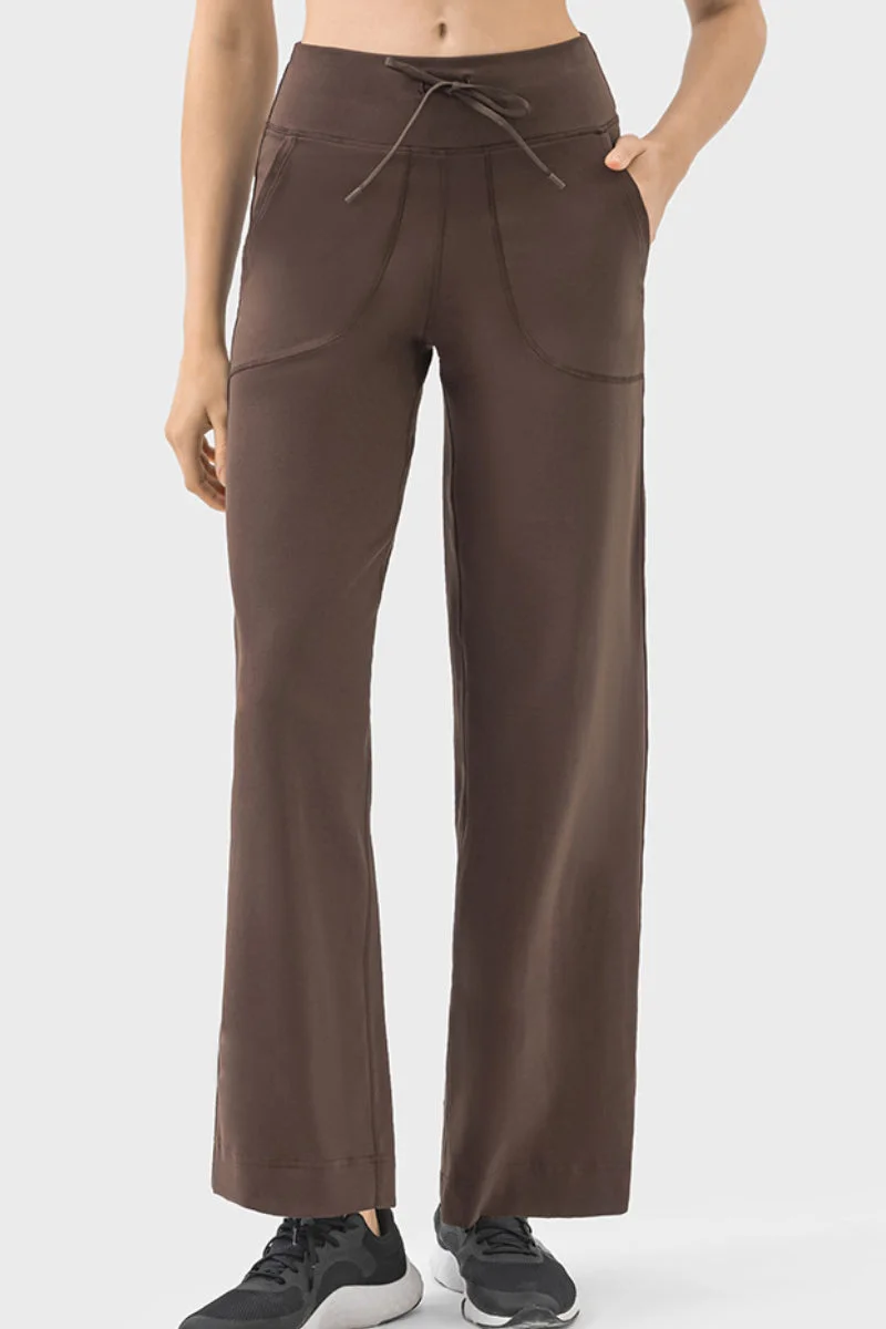 High Waist Elastic Waistband Drawstring Straight Casual Pants