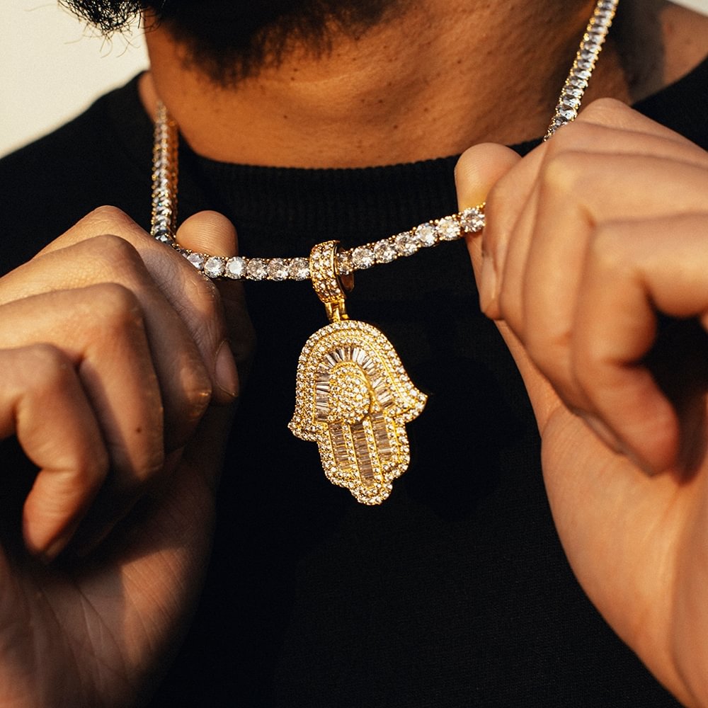 Bling Iced Out CZ Hamsa Hand Baguette Pendants Necklaces-VESSFUL