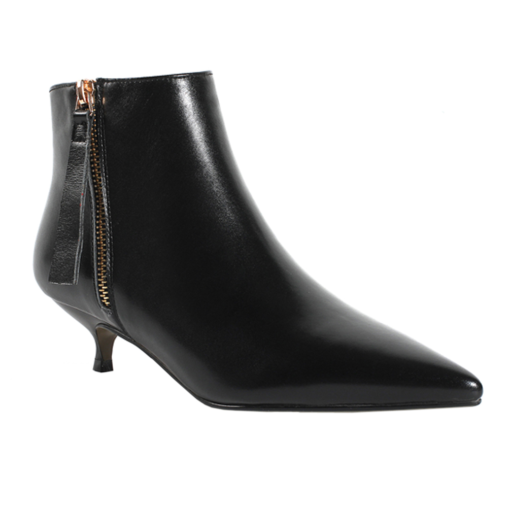 4cm Zipper Leather Kitten Heels Ankle Boots Black-vocosishoes
