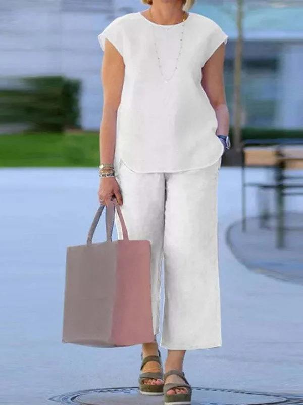 Women's Retro Casual Solid Color Round Neck Short Sleeve Straight Leg Pants Set