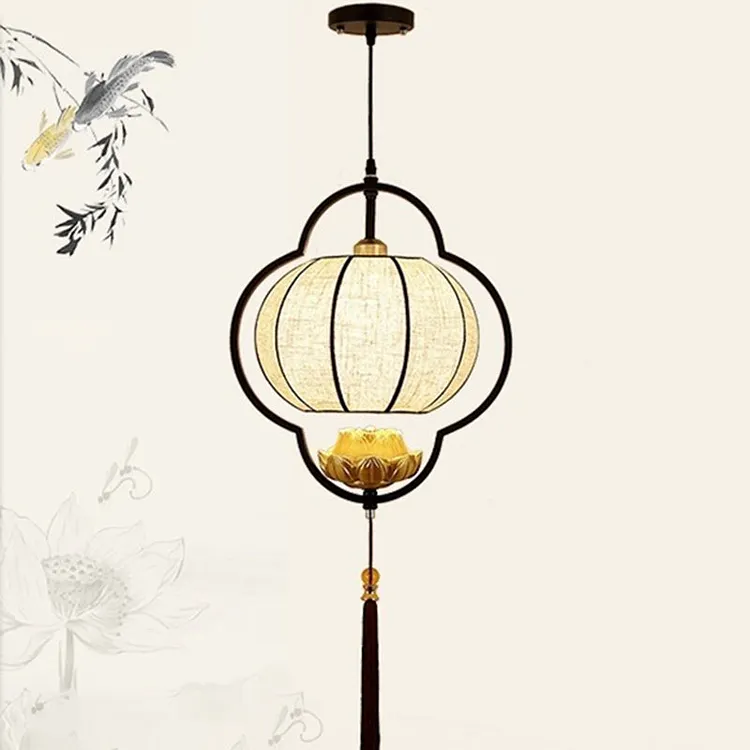 Traditional Chinese Lantern Lotus Fabric Iron 1-Light Pendant Light For Bedroom