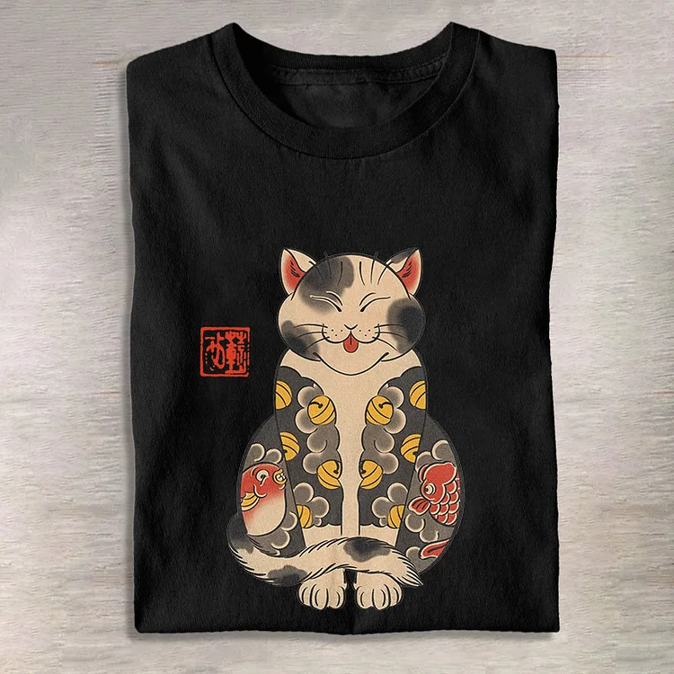 Comstylish Cute Japanese Ukiyoe Tattoo Cat Print T-Shirt