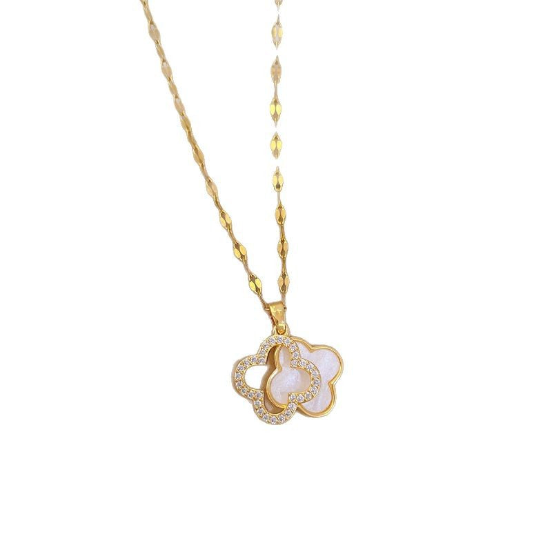 Diamond-Studded Four-Leaf Flower Necklace For Women Double-Sided Shell Clavicle Chain Hot Sale