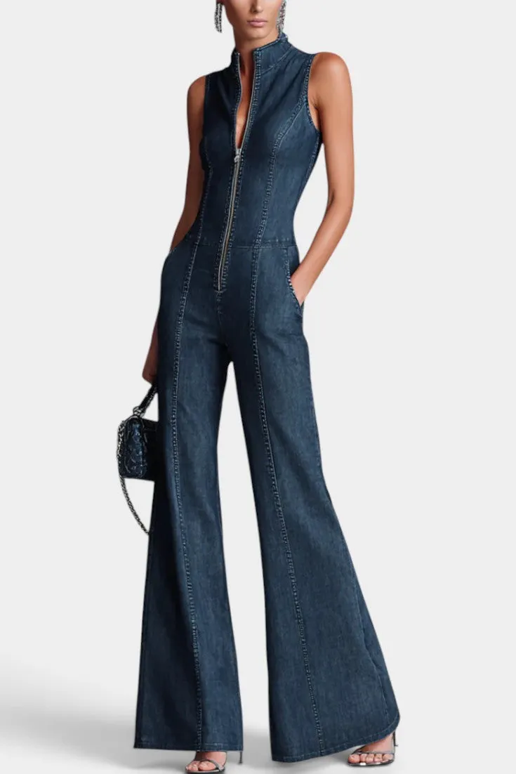 High Neck Zip Denim Jumpsuit with Flared Legs