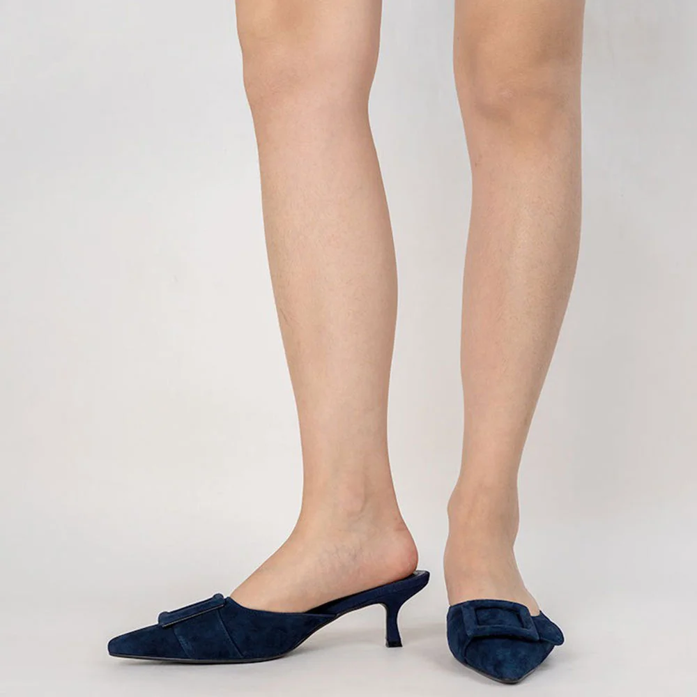 Simple Navy Pointed Toe Buckle Decor Kitten Heel Mules for Women