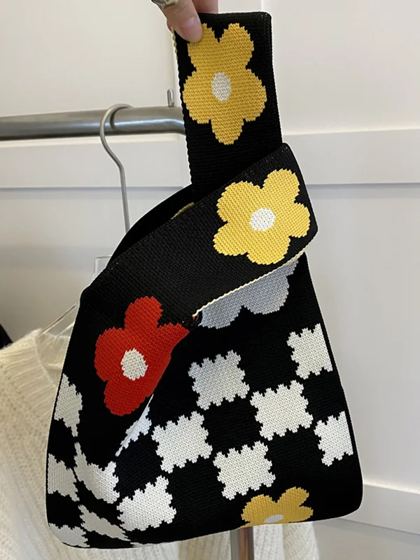 Floral Printed Plaid Bags Accessories Woven Handbag