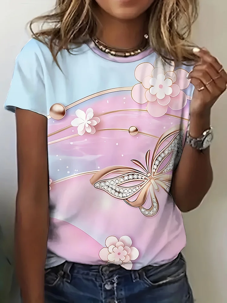 Butterfly Print Crew Neck T-Shirt, Casual Short Sleeve T-Shirt For Spring & Summer, Women's Clothing