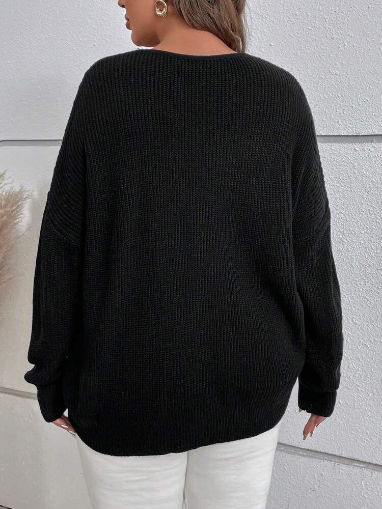Plus Notched Neckline Drop Shoulder Sweater