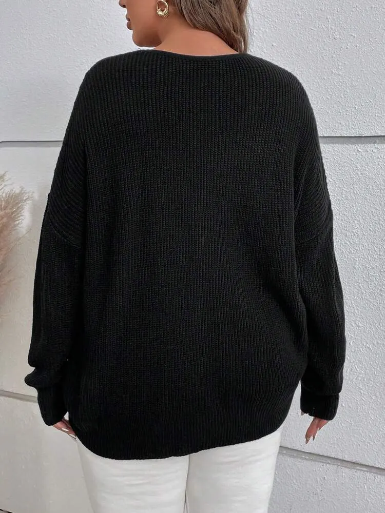 Plus Notched Neckline Drop Shoulder Sweater