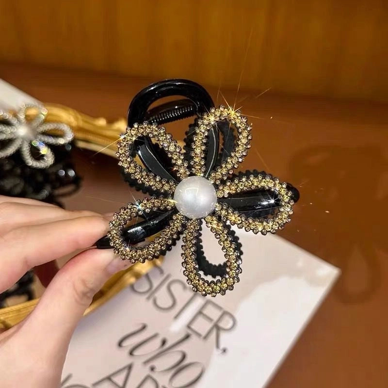 Women’s Minimalist Classic Style Color Block Alloy Inlay Crystal Pearl Hair Claws