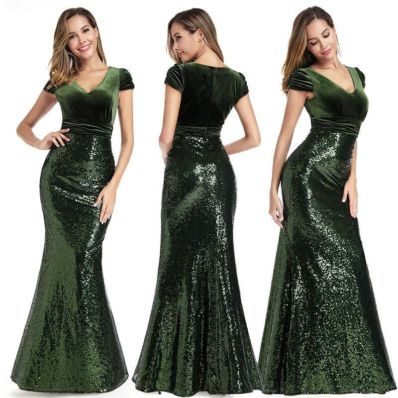 Glamorous Velvet Sequins Mermaid Long Evening Prom Dress