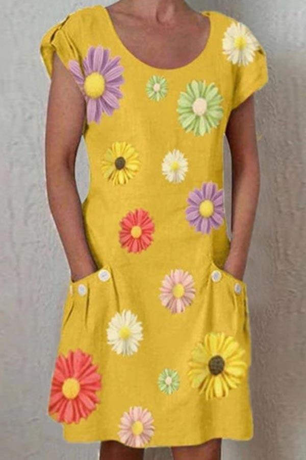 Daisy Print Paneled Short Sleeves Pockets Casual Midi Dress - VSMEE