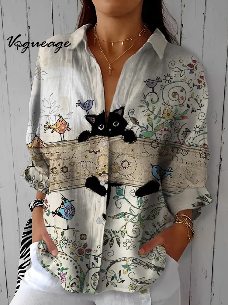Cute And Funny Cats Birds And Plants Printed Cotton And Linen Shirt