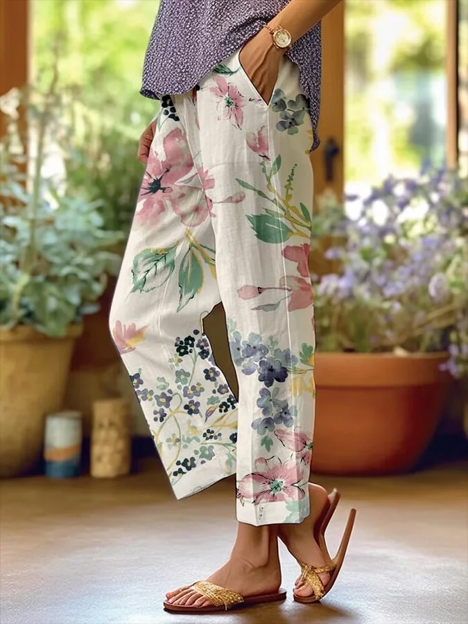 Women's Botanical Floral Design Loose Pocket Patchwork Casual Pants