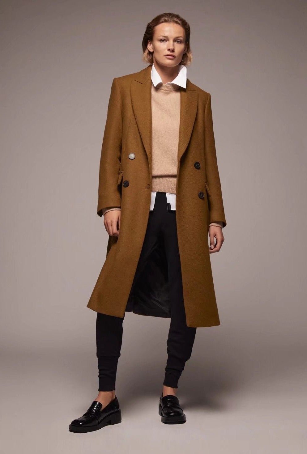 Autumn and Winter Solid Color Slim Long Coat Lapel Coat Women | EGEMISS
