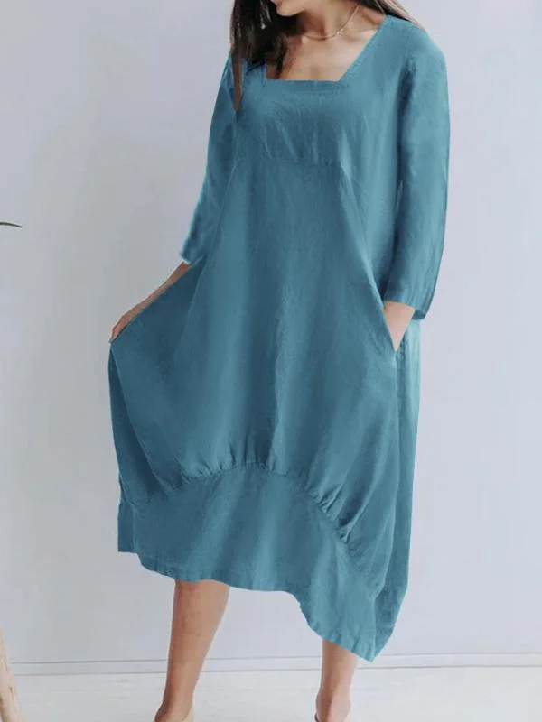 Ladies solid color retro cotton linen dress-Mayoulove