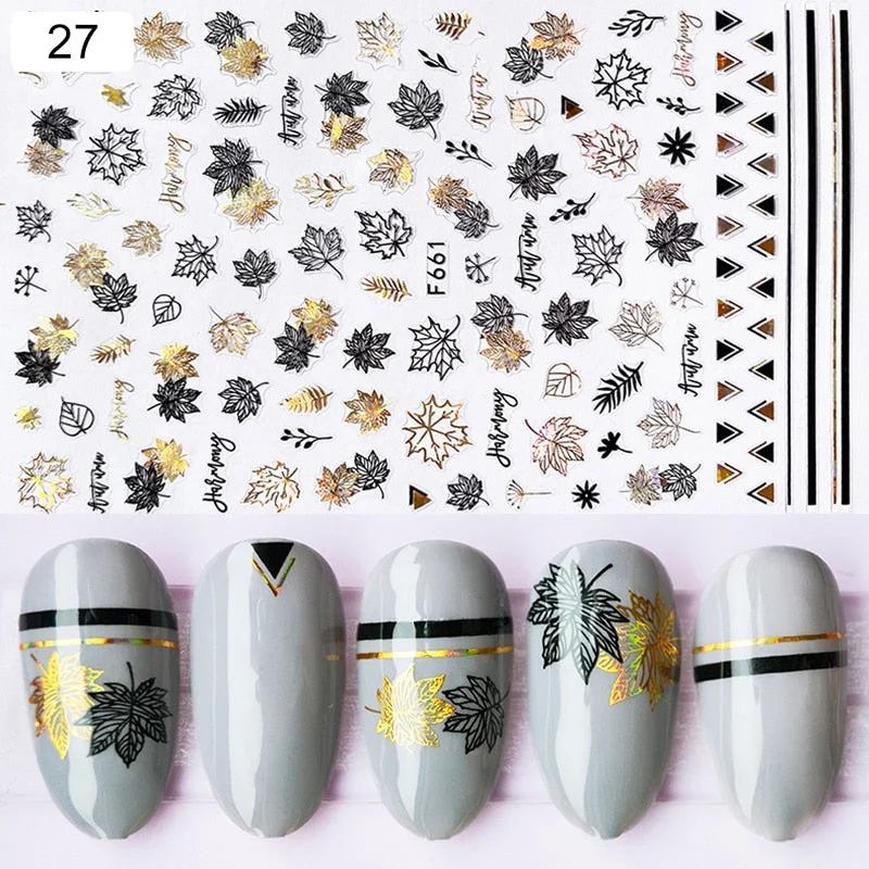1 Sheet iridescent Nail Sticker Black leave 3D Transfer Beautiful Nail Decals Decoration Summer Popupar DIY Nail Design