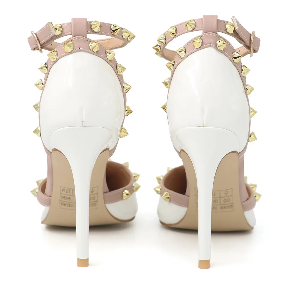 100mm Womens Pointed Toe Pumps Golden Point Rivets Ankle Strap Sandals-vocosishoes