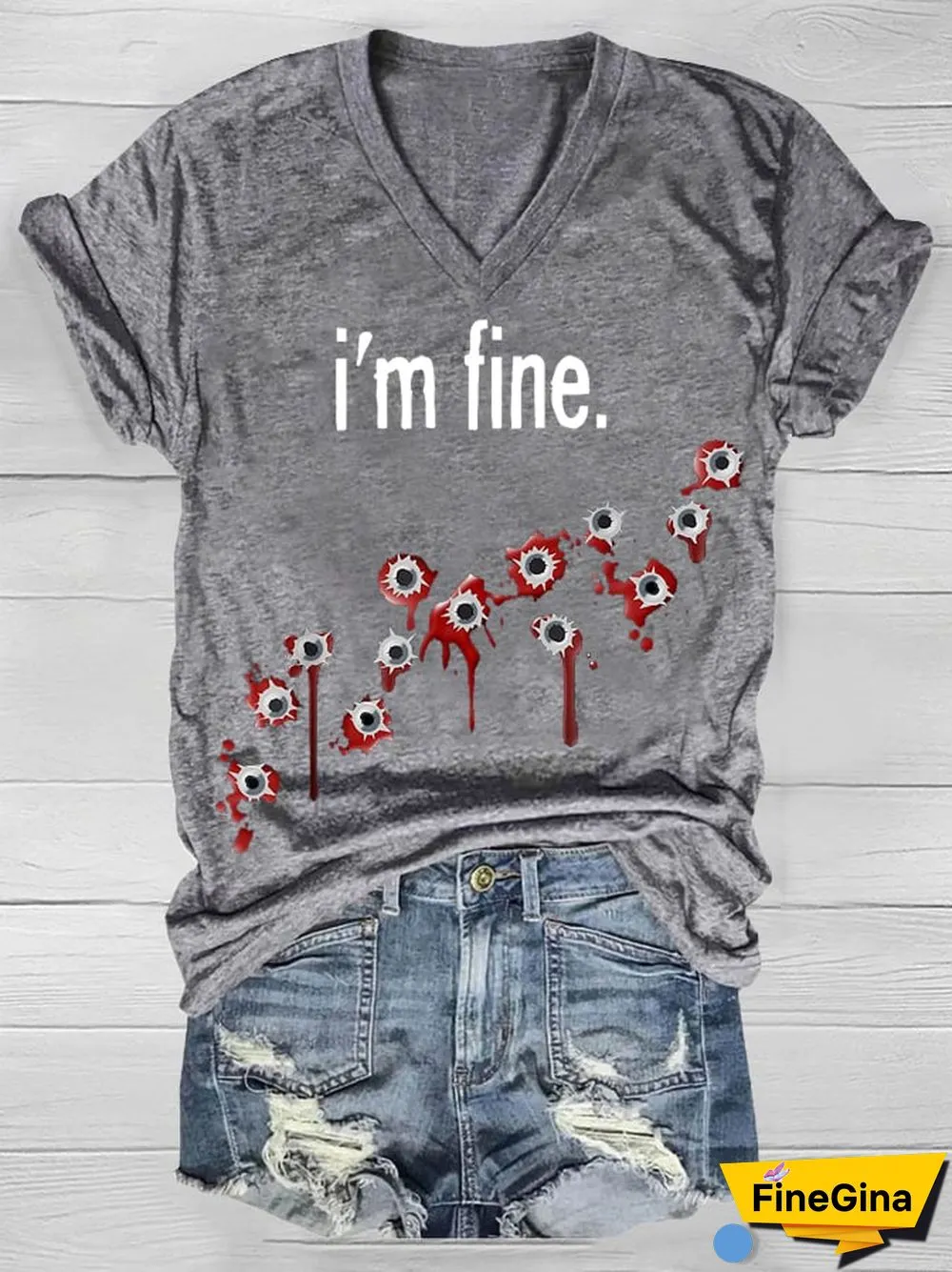 Halloween I'm Fine Bloody Print T-Shirt
