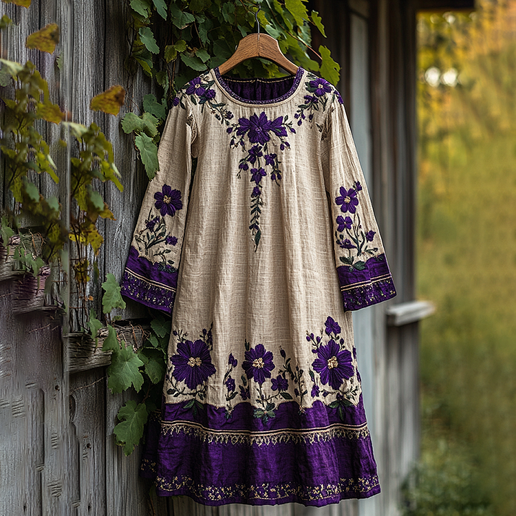 Vintage Floral Embroidery Linen Blend Midi Dress