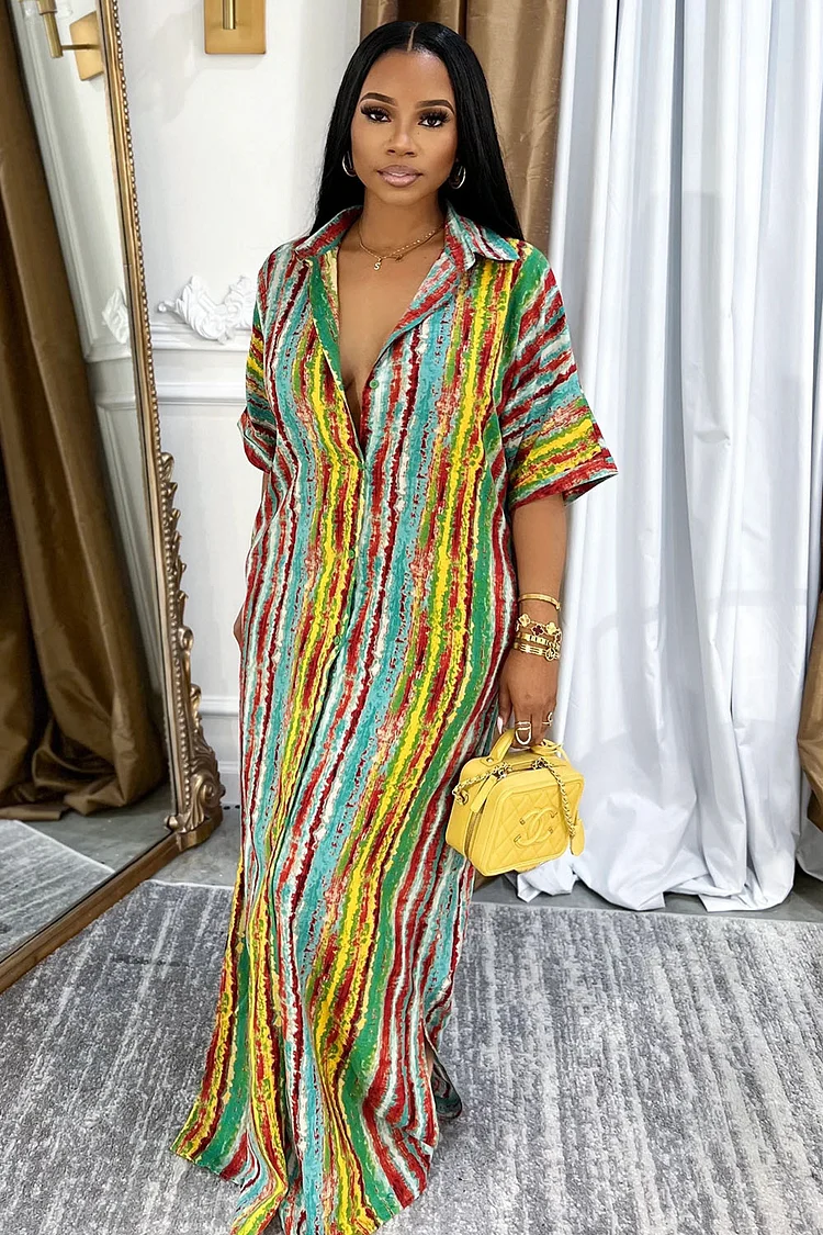 Boho Print Loose-Fit Vacation Maxi Shirt Dresses-Multicolor [Pre Order]