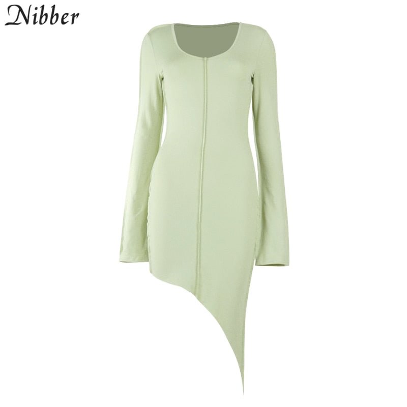 Nibber 2021 Flared Sleeves Low Collar Bodycon Sexy Mini Dress Autumn Winter Women Fashion Streetwear Pure Outfits Party Sundress