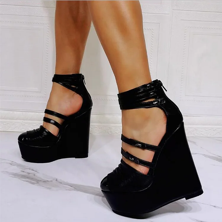 Black Strappy Wedges Women's Vintage Round Toe Platform Heels |FSJ Shoes